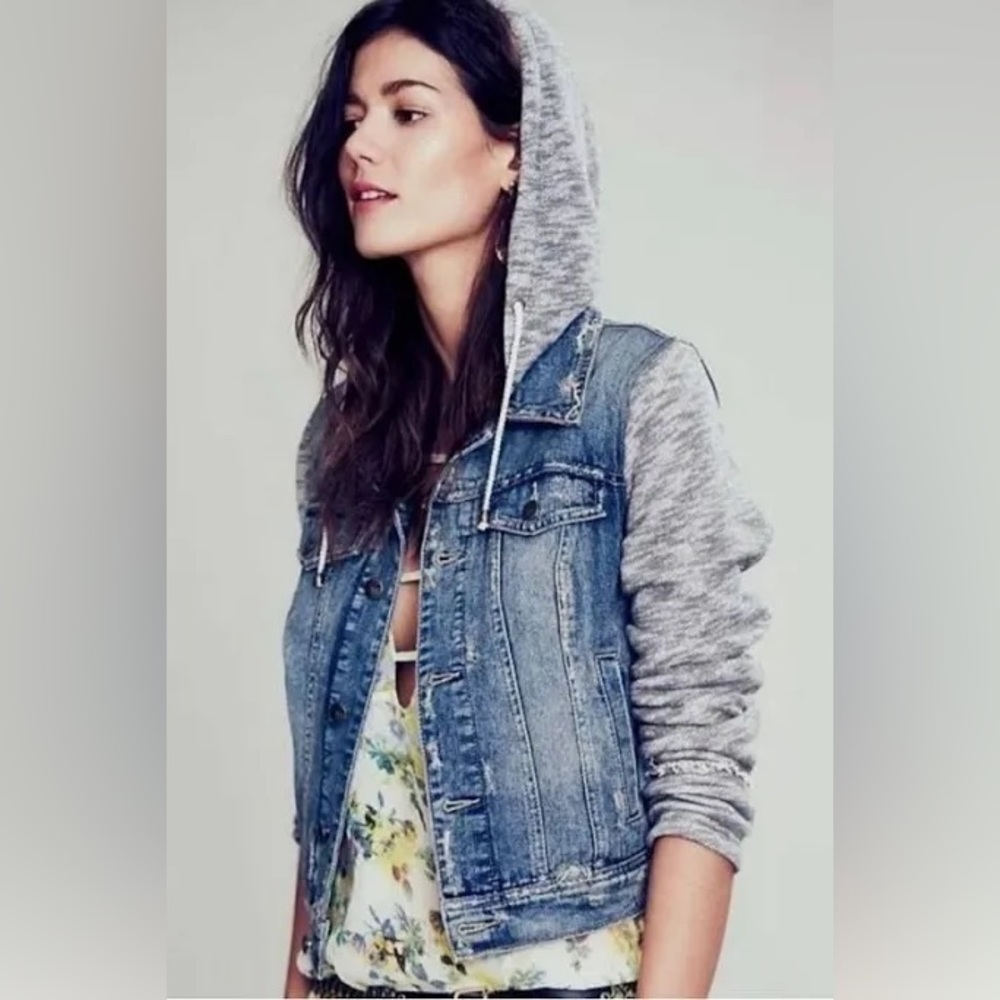 Free People Distressed Hooded Denim Jacket XS
